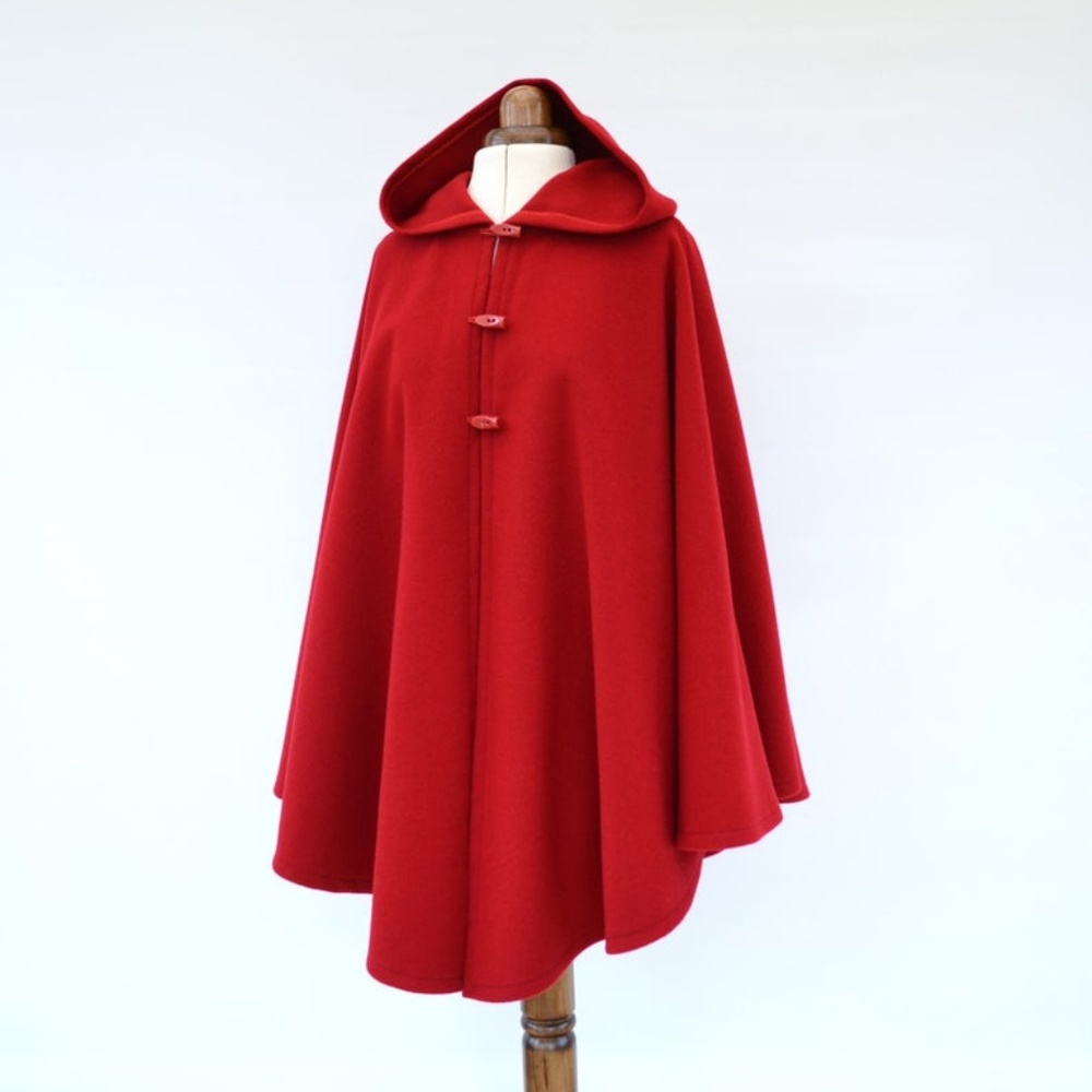 Red Hooded Wool Cape, Poncho Style